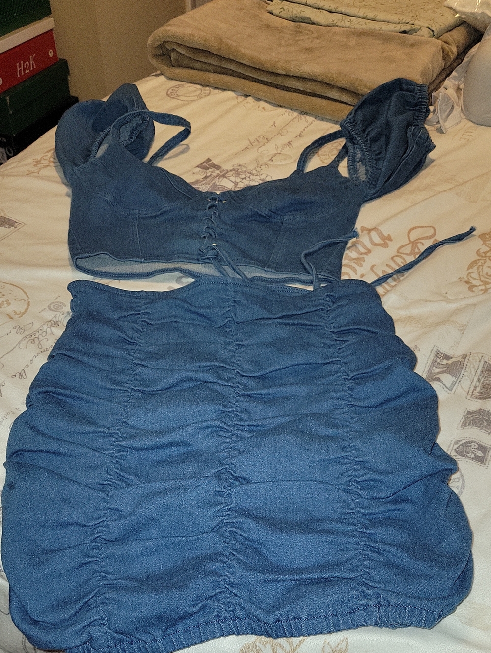 Blue Ruched Two-Piece Crop Top & Skirt Set